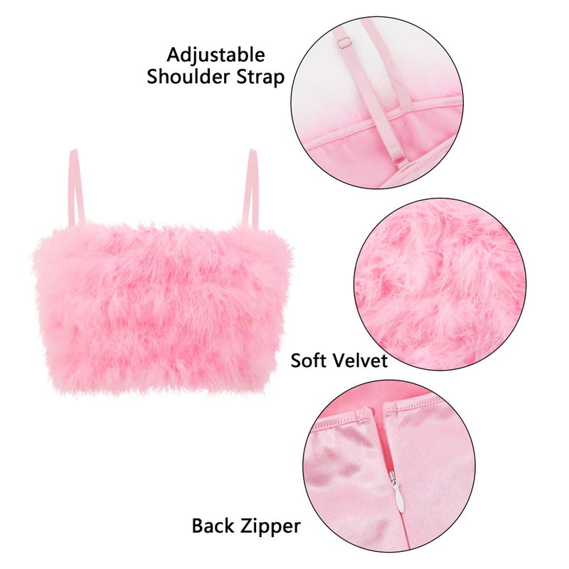 Vimoisa Women Faux Fur Tank Top Spaghetti Strap Crop Cami Top Tight Sleeveless Tube Top Vest(S) Pink - Image 2